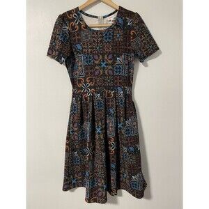 LuLaRoe Womens Amelia Dress M Short Sleeve Fit Flare Pleats Geometric Tile Print